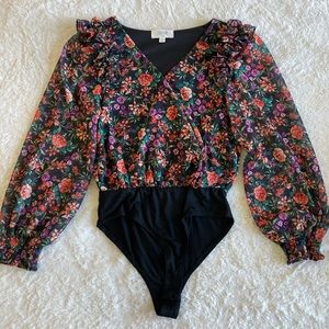 NWOT Boutique Black floral bodysuit blouse